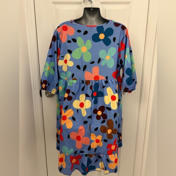 Bright Floral Blue Dress/Beach Cover, Sz L - Picture 6 of 8